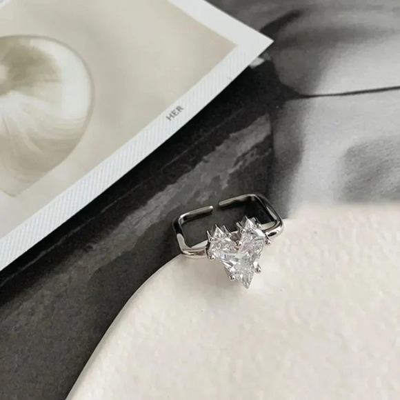 Silver Heart Ring CZ Diamond Heart Ring Square Ring Unique Irregular Silver Ring - Picture 3 of 5